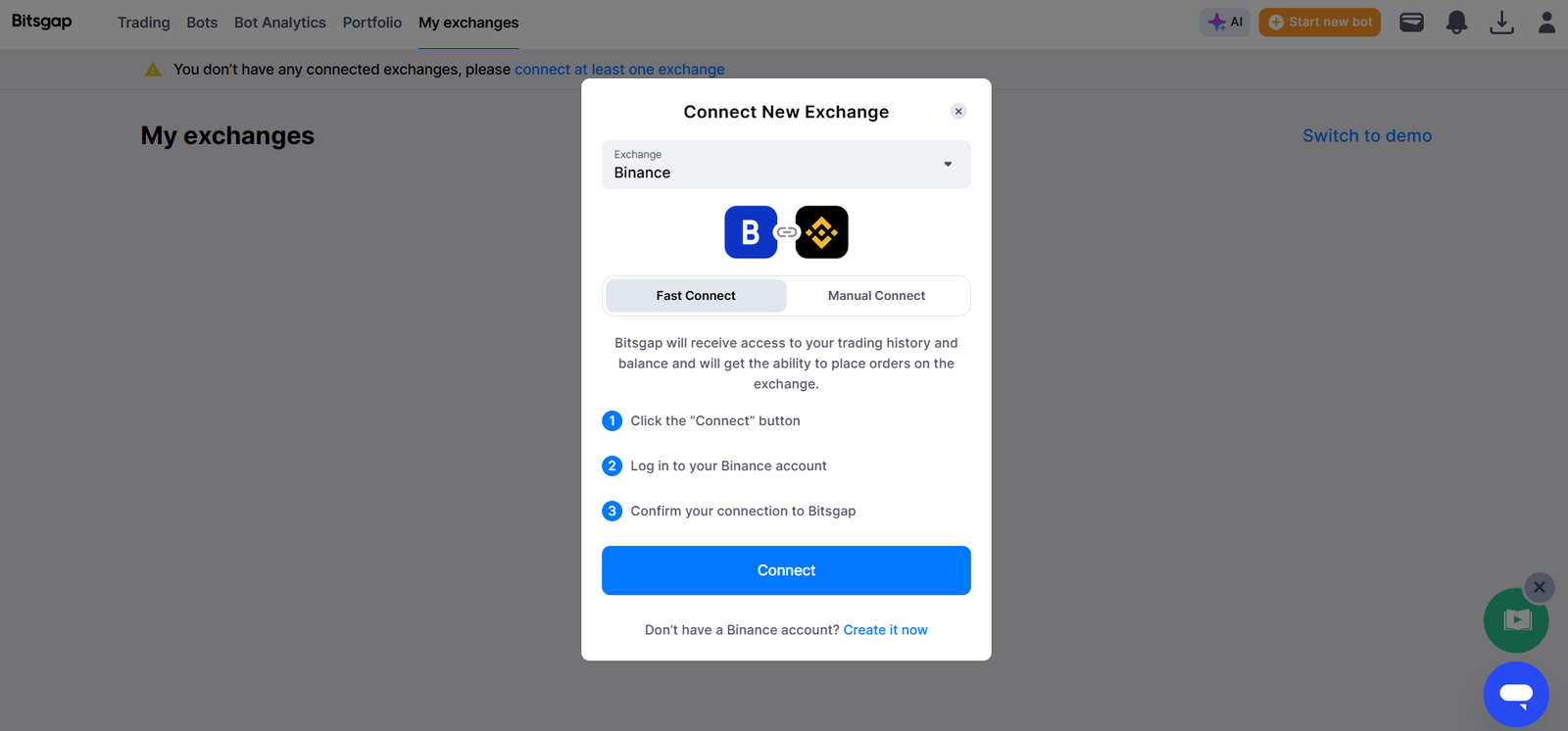 Bitsgap exchange connection modal